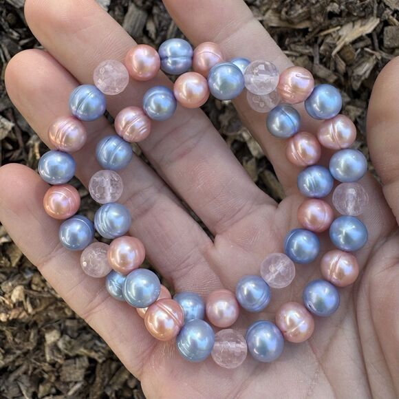 Honora 2 Freshwater Pearl Stretch Bracelets Set, Pink Blue & Faceted Rose Quartz - Picture 4 of 6